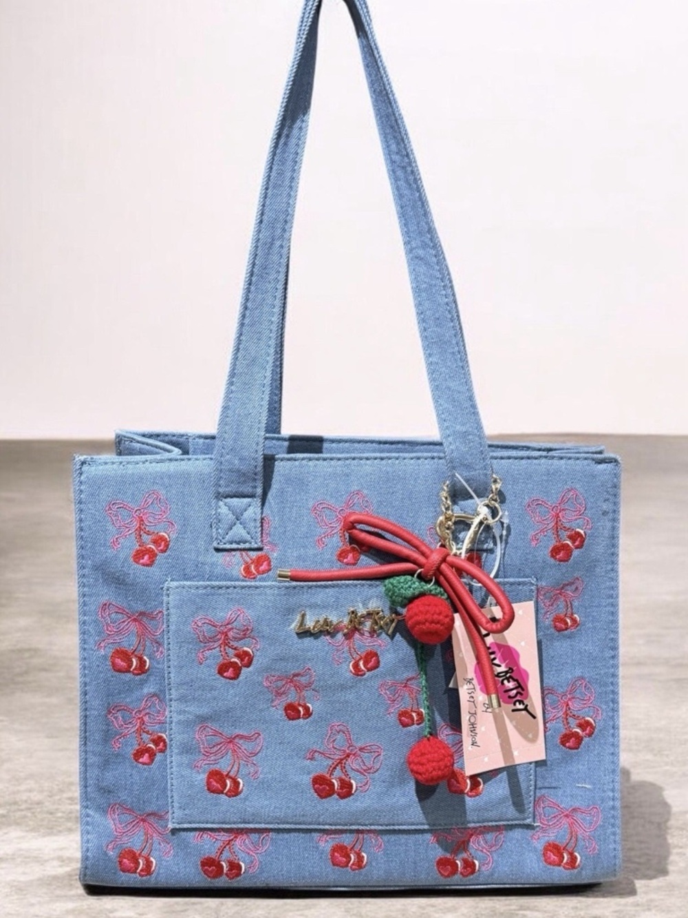 LUV BETSEY Betsey Johnson Denim Pink Bow Cherry Tote